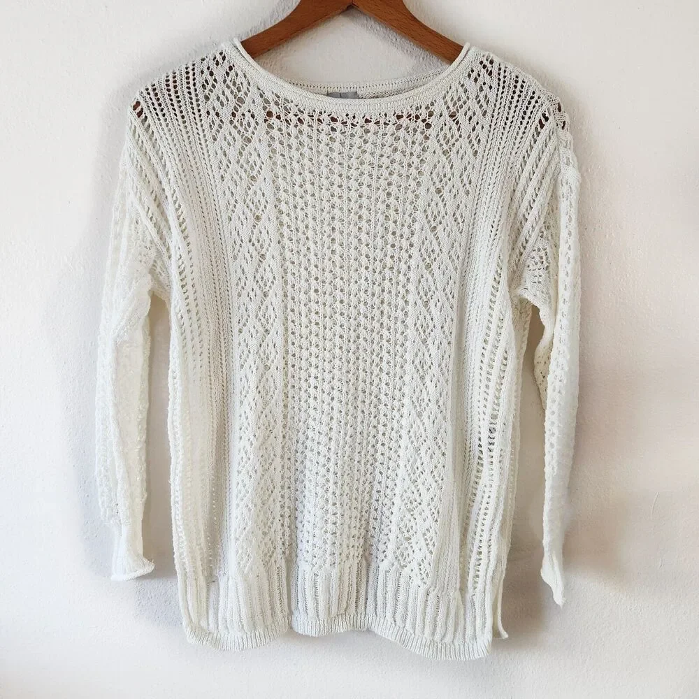 Chico’s Open Stitch Pullover White Sweater Sz SP Long Sleeve Lightweight Crochet